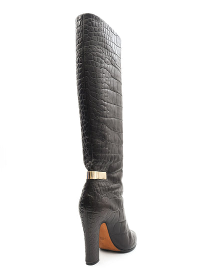 NEW Givenchy Black Leather Knee-High Boots with Gold Buckle Size 37.5