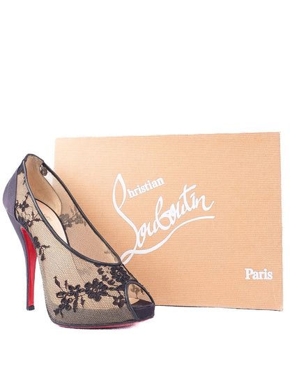 Excellent Christian Louboutin Black Lace Peep-Toe High Heels Size 37.5