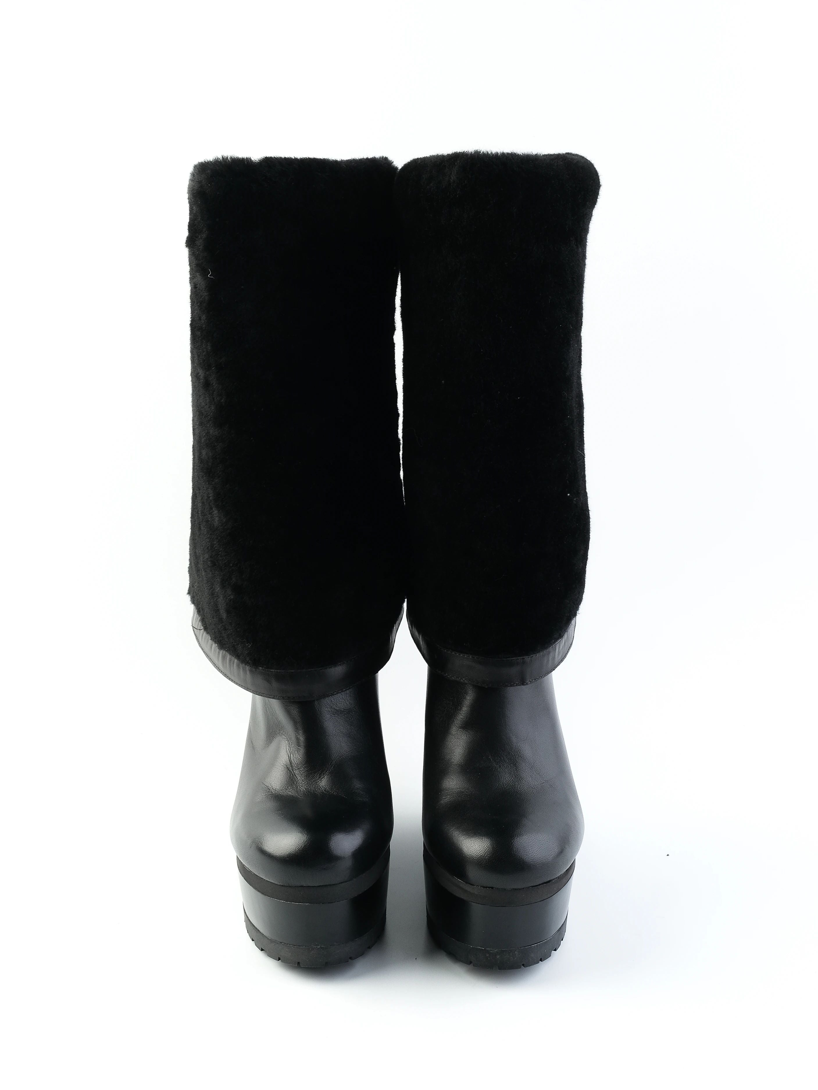 NEW Sergio Rossi Black Leather Wedge-Heeled Boots Size 38.5