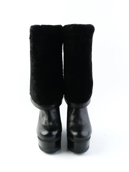 NEW Sergio Rossi Black Leather Wedge-Heeled Boots Size 38.5