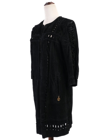 Class Roberto Cavalli Black Leather Long Coat Excellent Condition