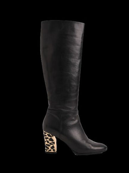 Casadei Black Leather Knee-High Boots with Patterned Heel Size 36