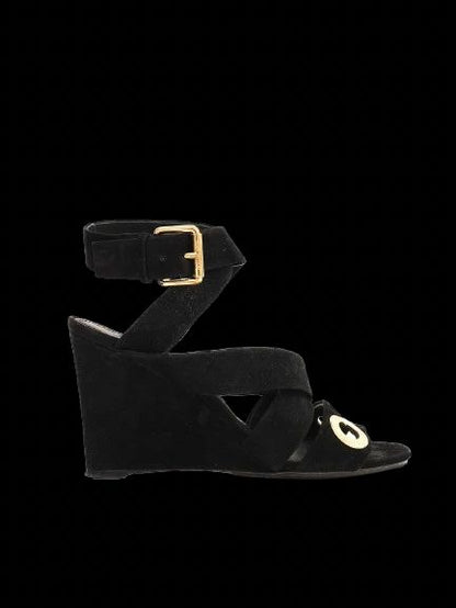 Excellent Louis Vuitton Black Suede Wedge Sandals Size 36.5