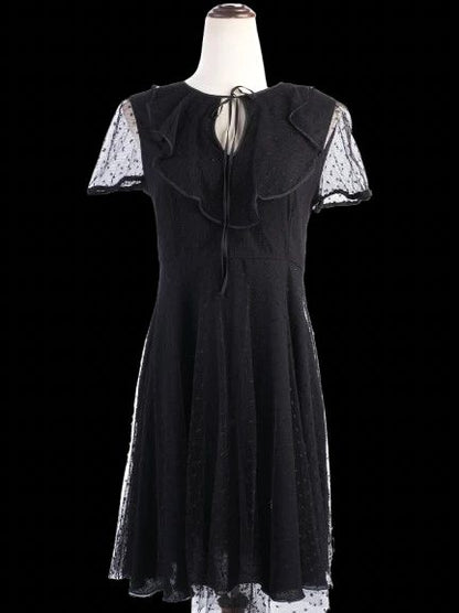 Excellent Red Valentino Black Nylon Dress with Sheer Polka-Dot Sleeves