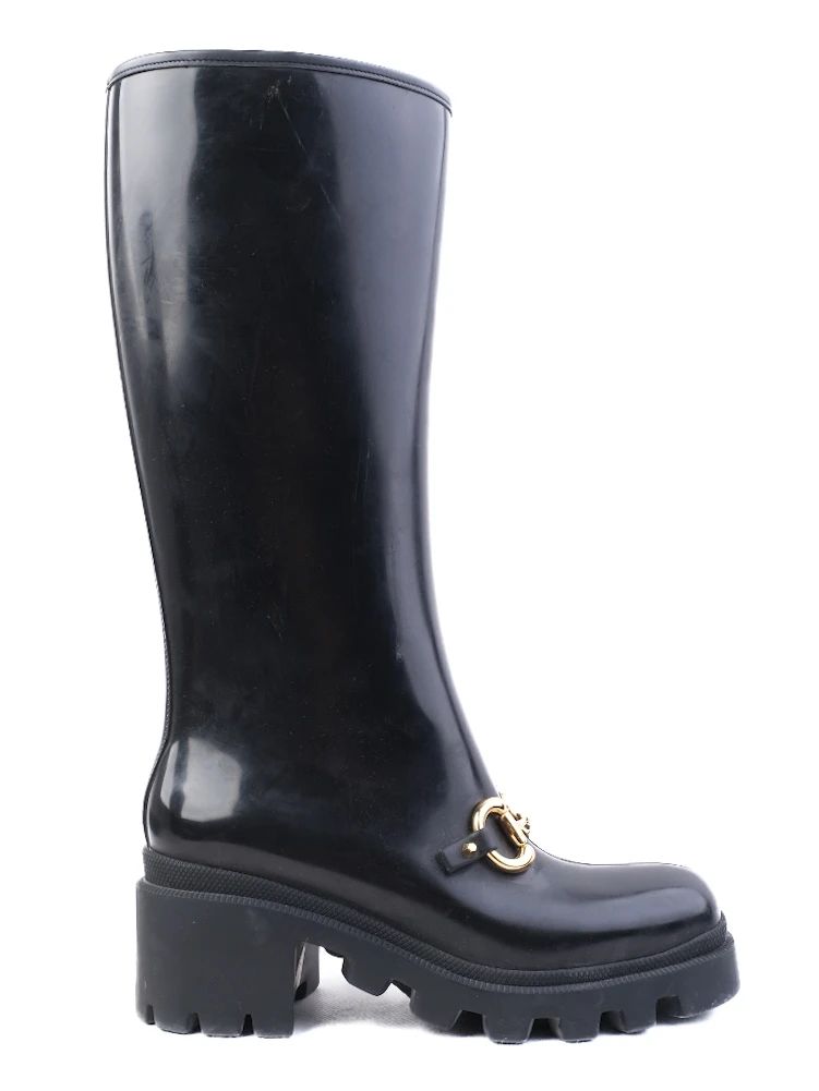 Excellent Gucci Black Knee-High Platform Boots with Gold Buckle Detail