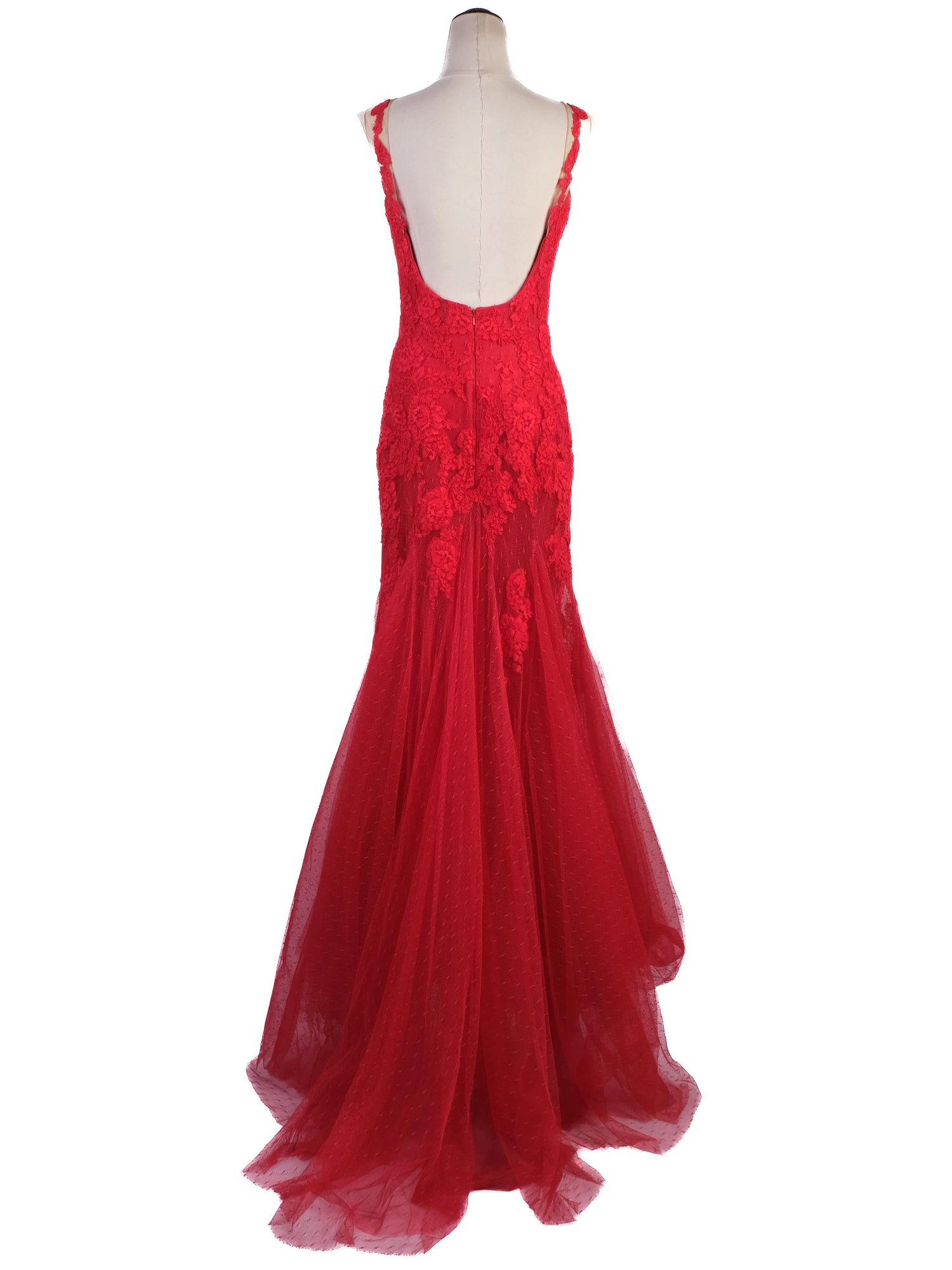 Excellent Pronovias Red Evening Gown Lace Detail Size L