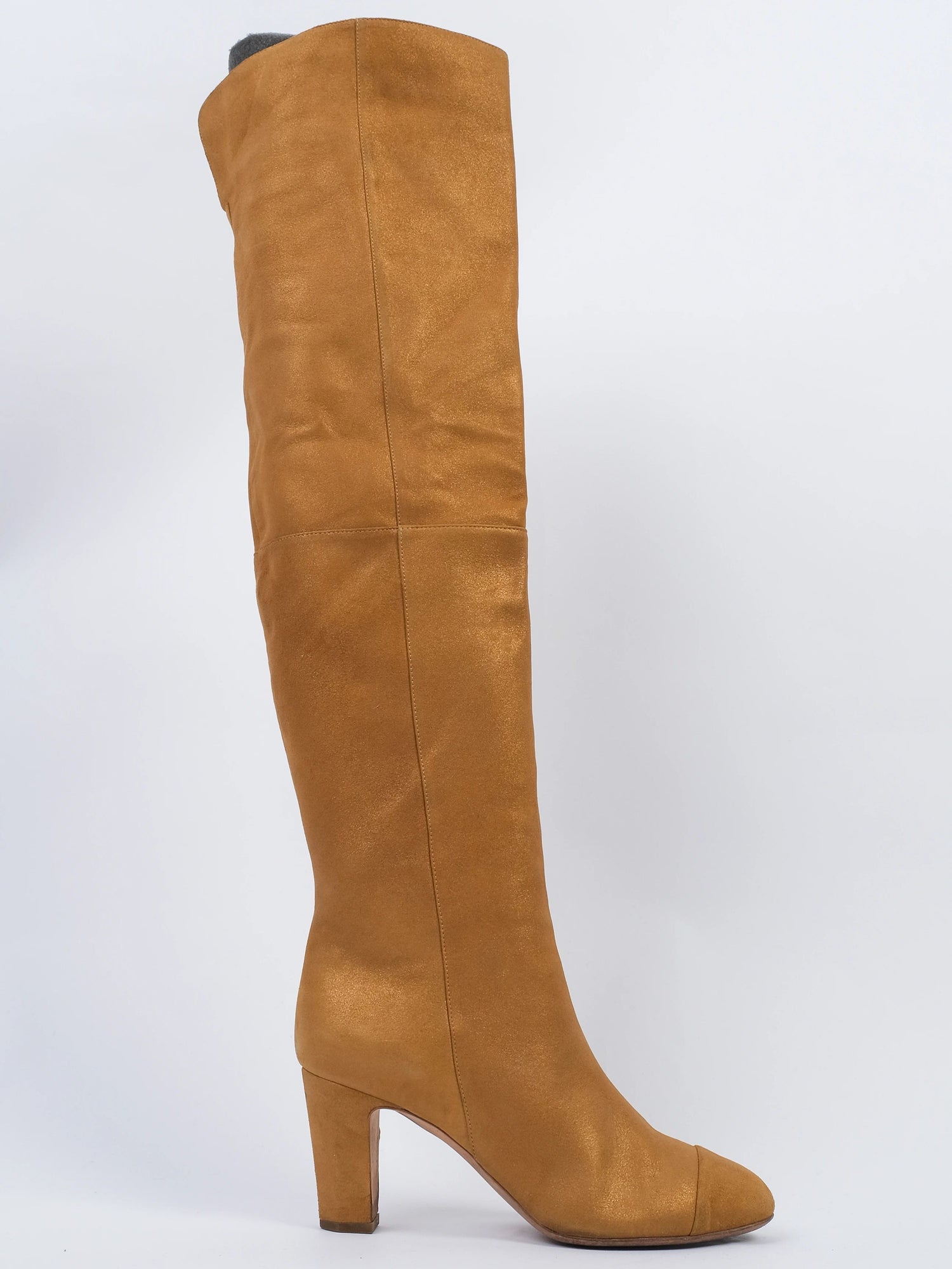 Excellent Chanel Orange Leather Knee-High Boots with Block Heel