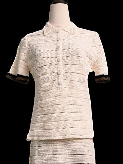 Fendi White Cotton Knitted Top Size M with Black Trim