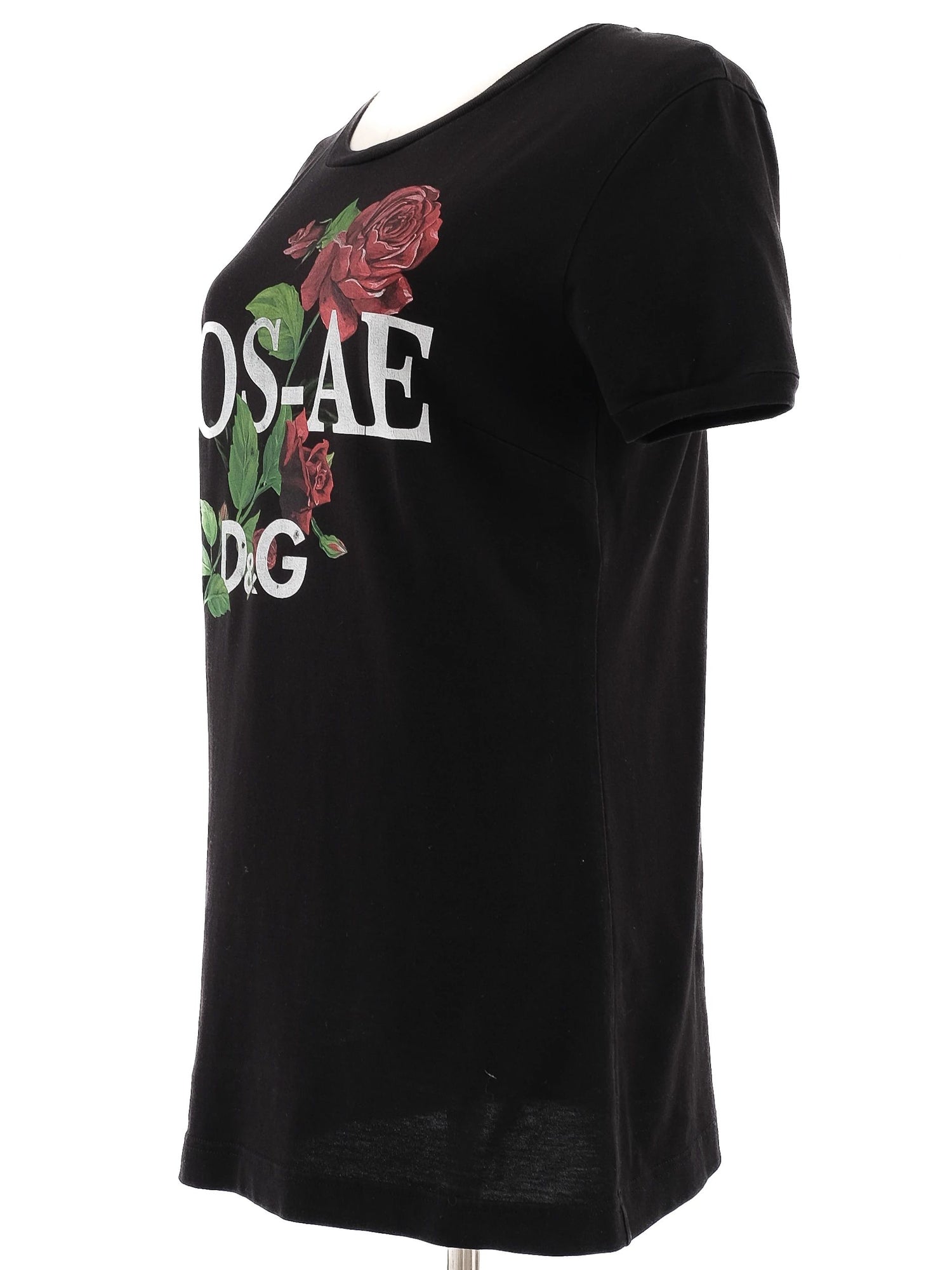 Excellent Dolce Gabbana Black Cotton T-Shirt Size M with Rose Graphics