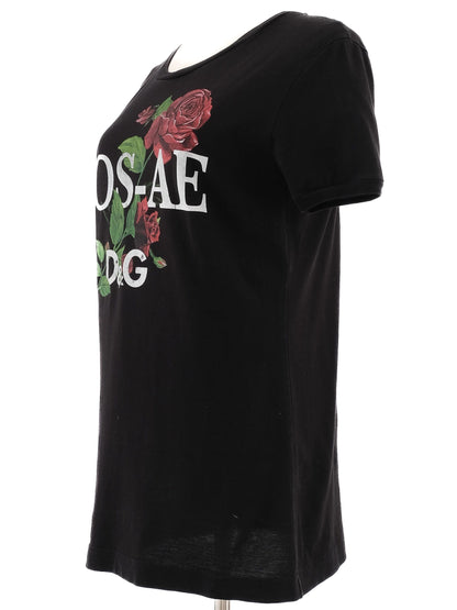Excellent Dolce Gabbana Black Cotton T-Shirt Size M with Rose Graphics