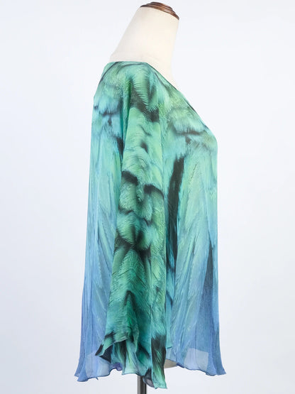 Excellent Roberto Cavalli Green Silk Blouse with Feather Pattern Size L