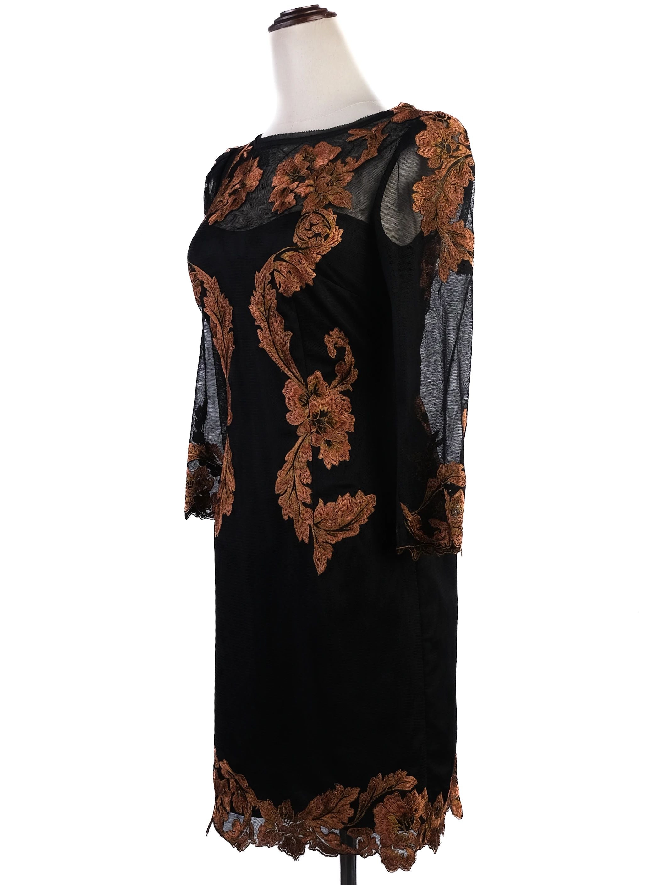 Excellent Karen Millen Black Dress Orange Floral Embroidery Size S