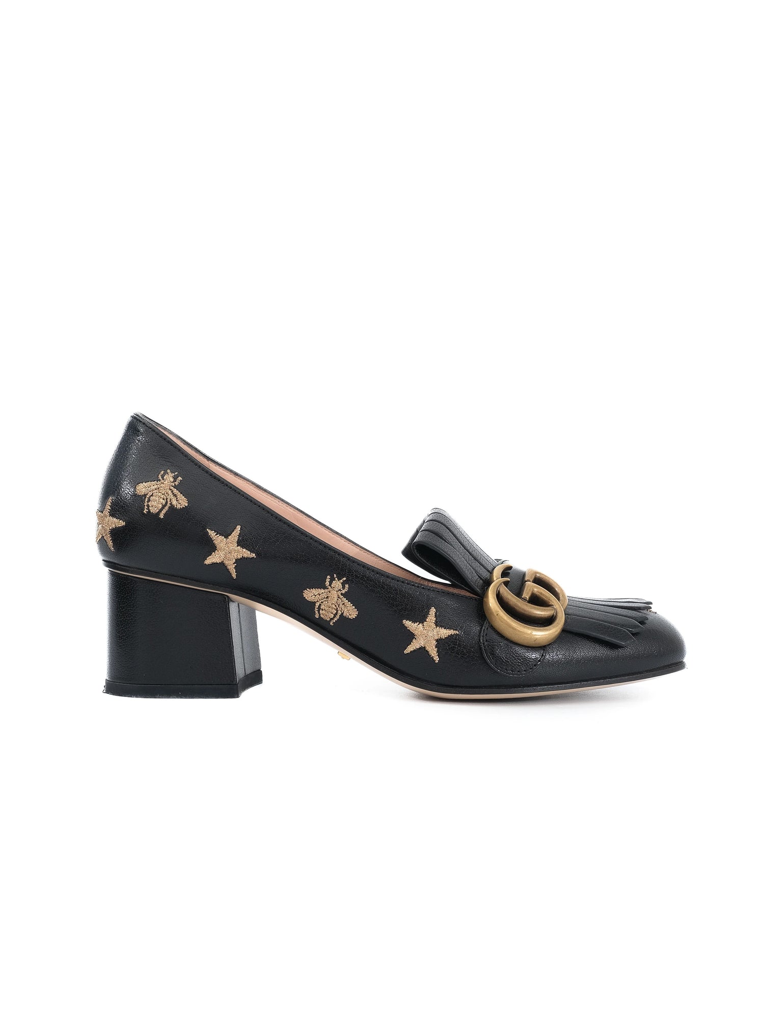 Gucci Black Leather Block-Heeled Loafers with Embroidered Details Size 36.5