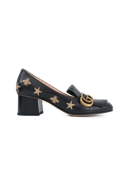 Gucci Black Leather Block-Heeled Loafers with Embroidered Details Size 36.5