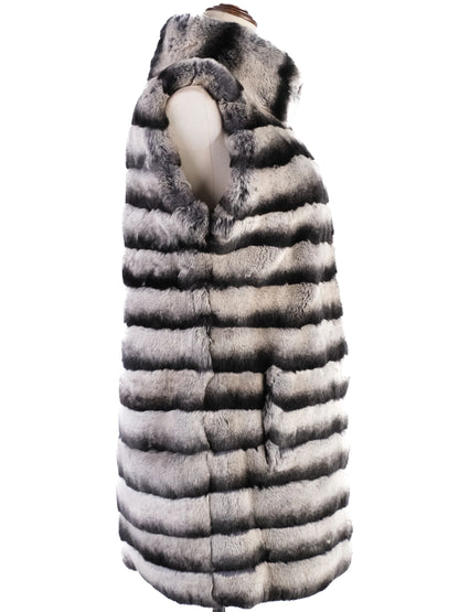 Excellent Shaky Fur Vest Black Gray Striped Pattern Size XS