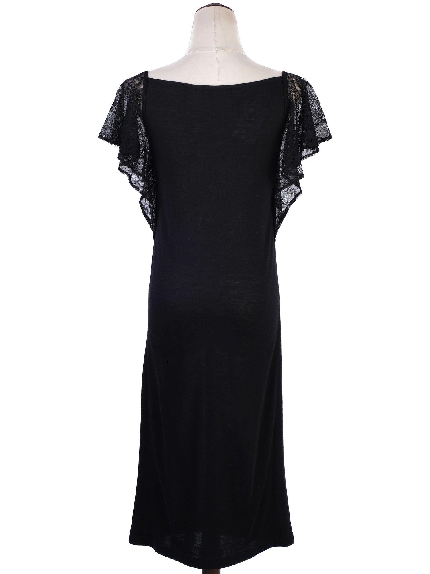 Excellent Tara Jarmon Black Vinyl Dress with Lace Sleeves Size M