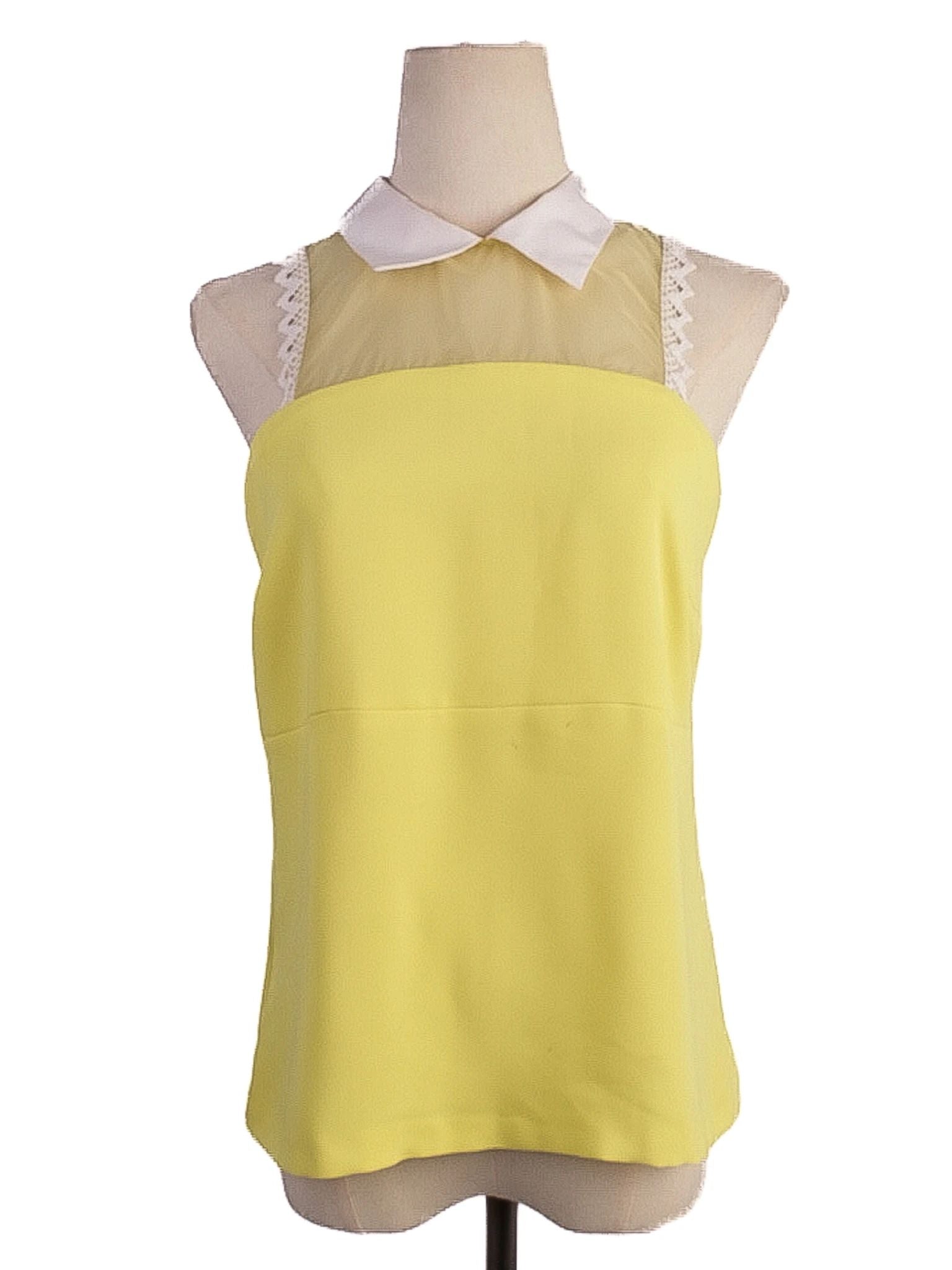 Excellent Pinko Yellow Cotton Blouse M with Lace and White Collar