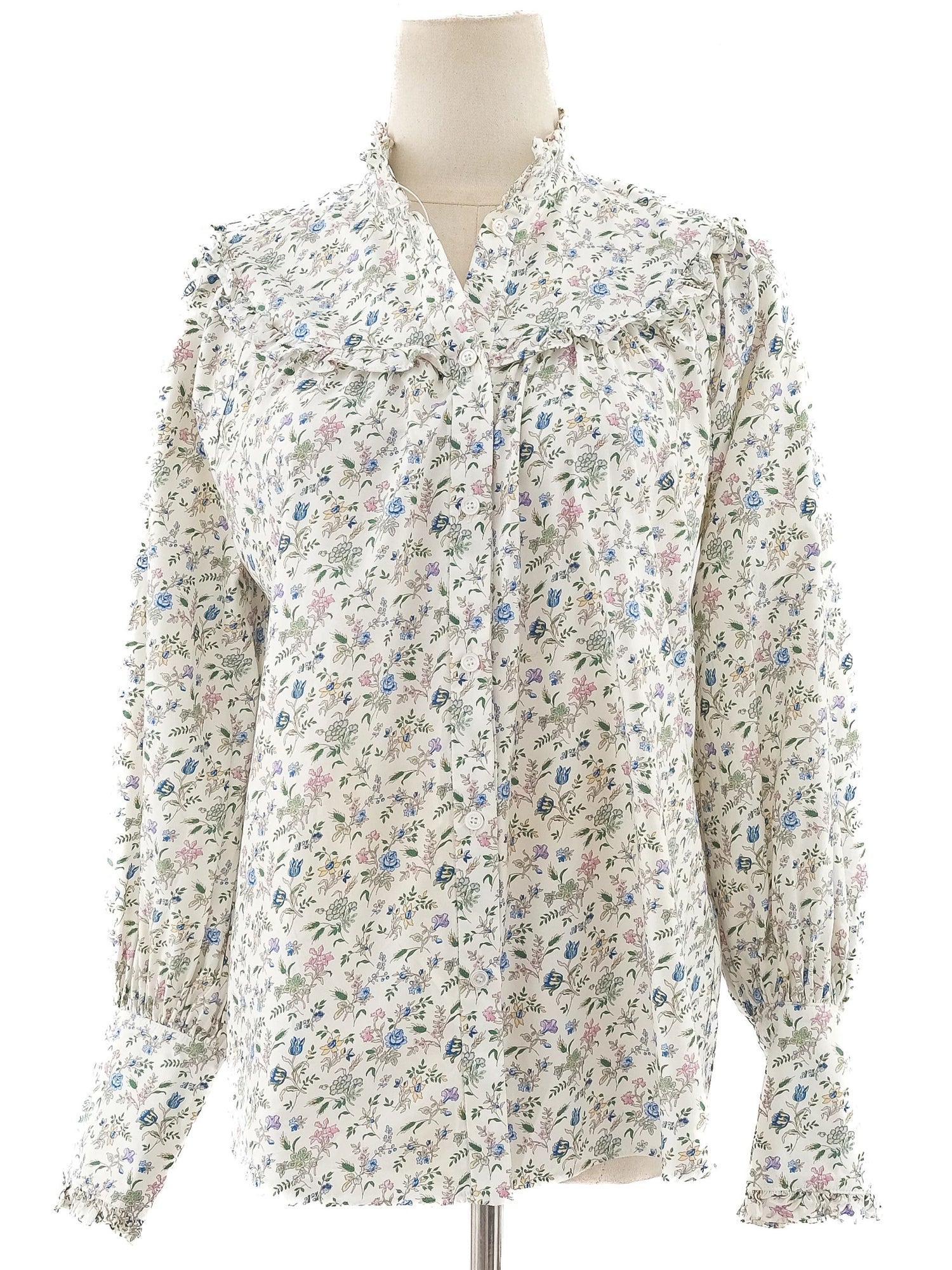 Weekend MaxMara Floral Blouse White Ruffled Collar Size M