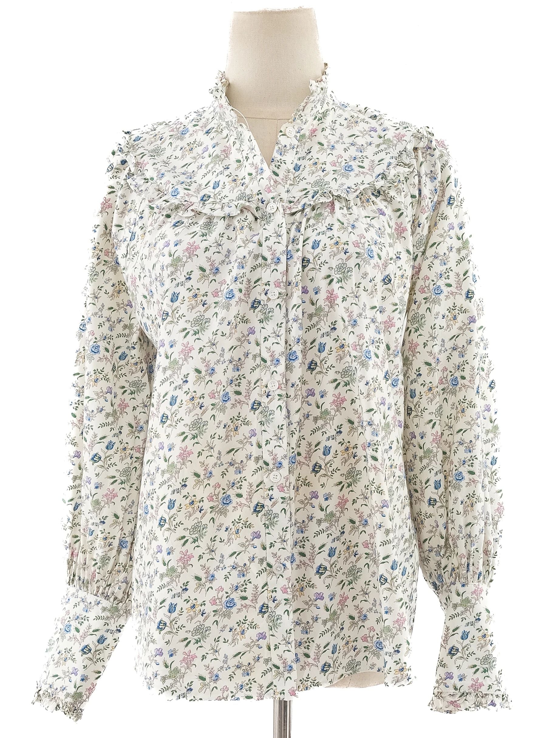Weekend MaxMara Floral Blouse White Ruffled Collar Size M