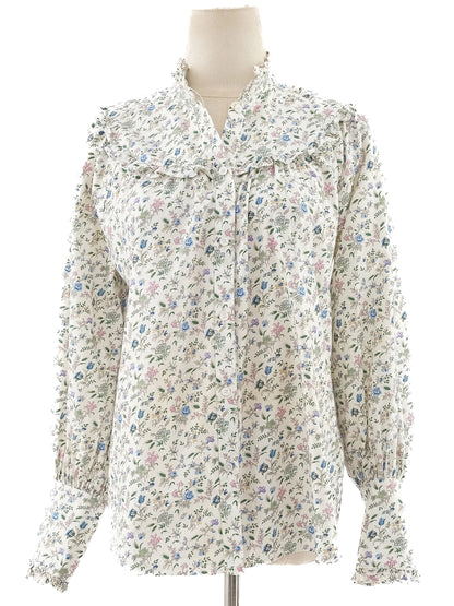 Weekend MaxMara Floral Blouse White Ruffled Collar Size M