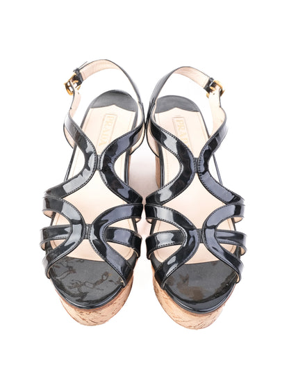 Excellent Prada Black Leather Wedge Sandals Size 41