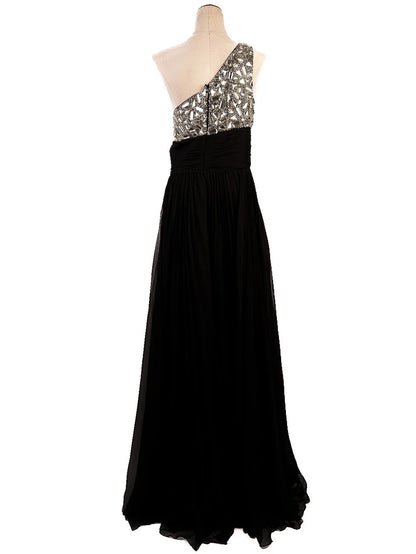 Perfect Sherri Hill Black One-Shoulder Evening Gown with Silver Embellishments