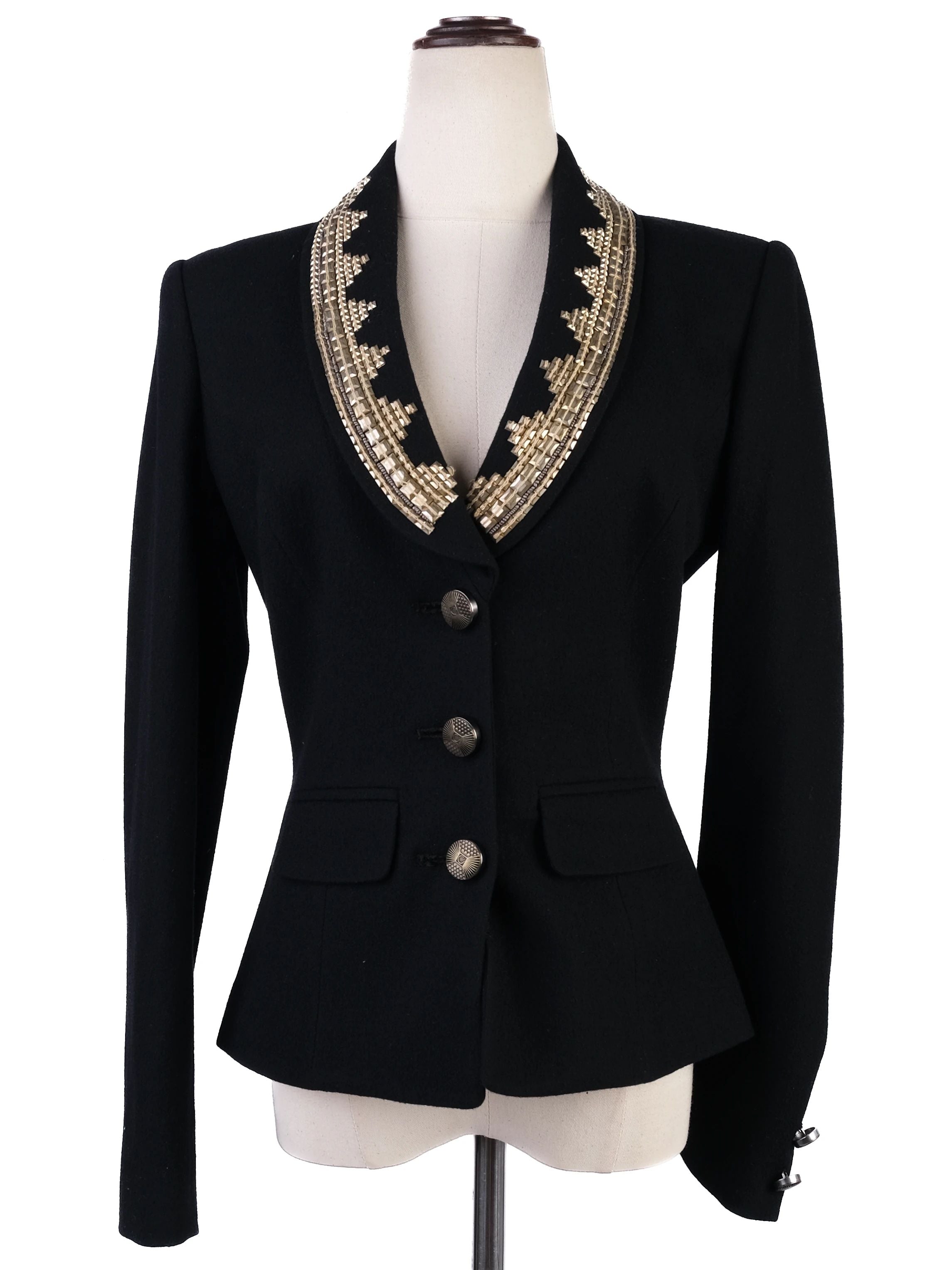 Excellent Class Roberto Cavalli Black Wool Skirt Suit with Beaded Collar