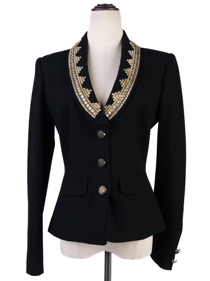 Excellent Class Roberto Cavalli Black Wool Skirt Suit with Beaded Collar
