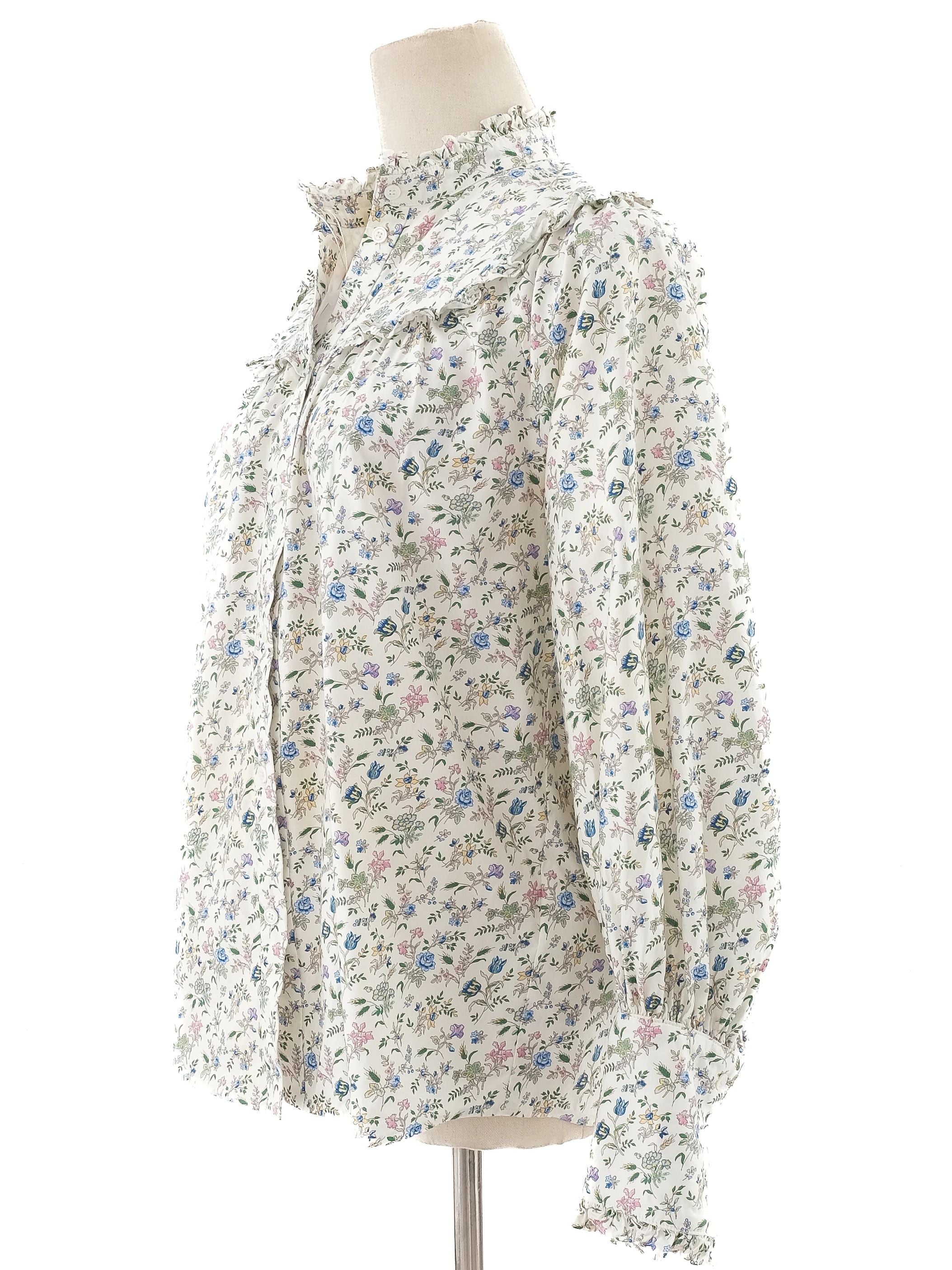 Weekend MaxMara Floral Blouse White Ruffled Collar Size M