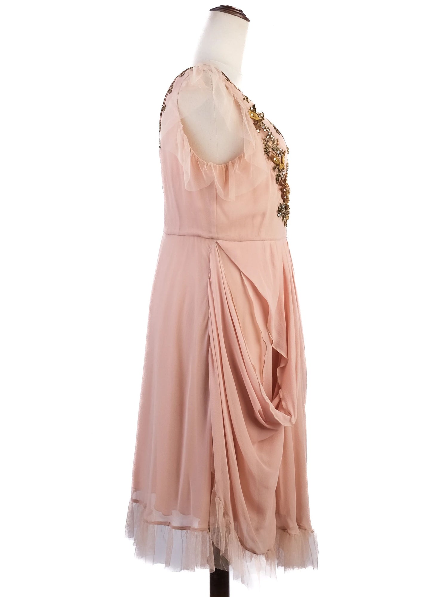 Excellent John Galliano White Silk Dress with Floral Embellishments