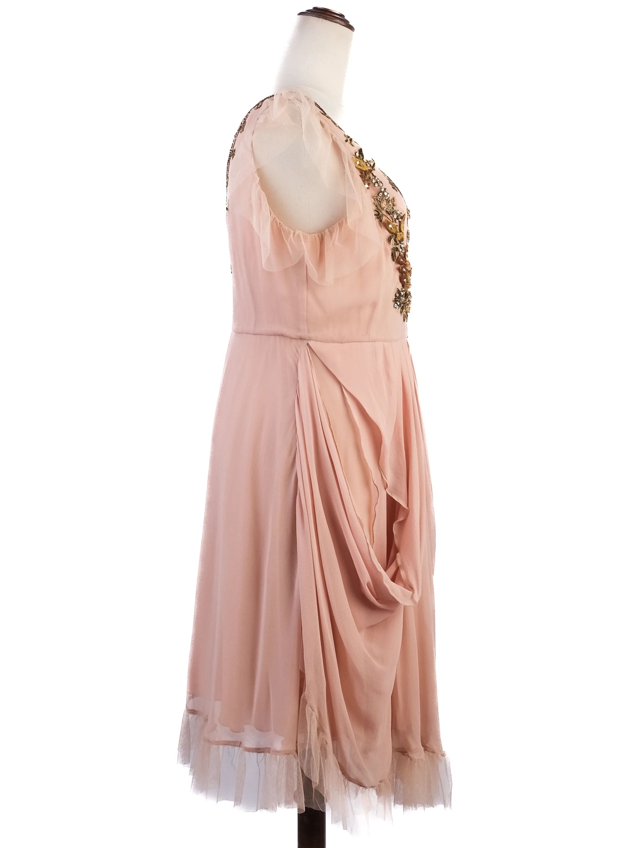 Excellent John Galliano White Silk Dress with Floral Embellishments