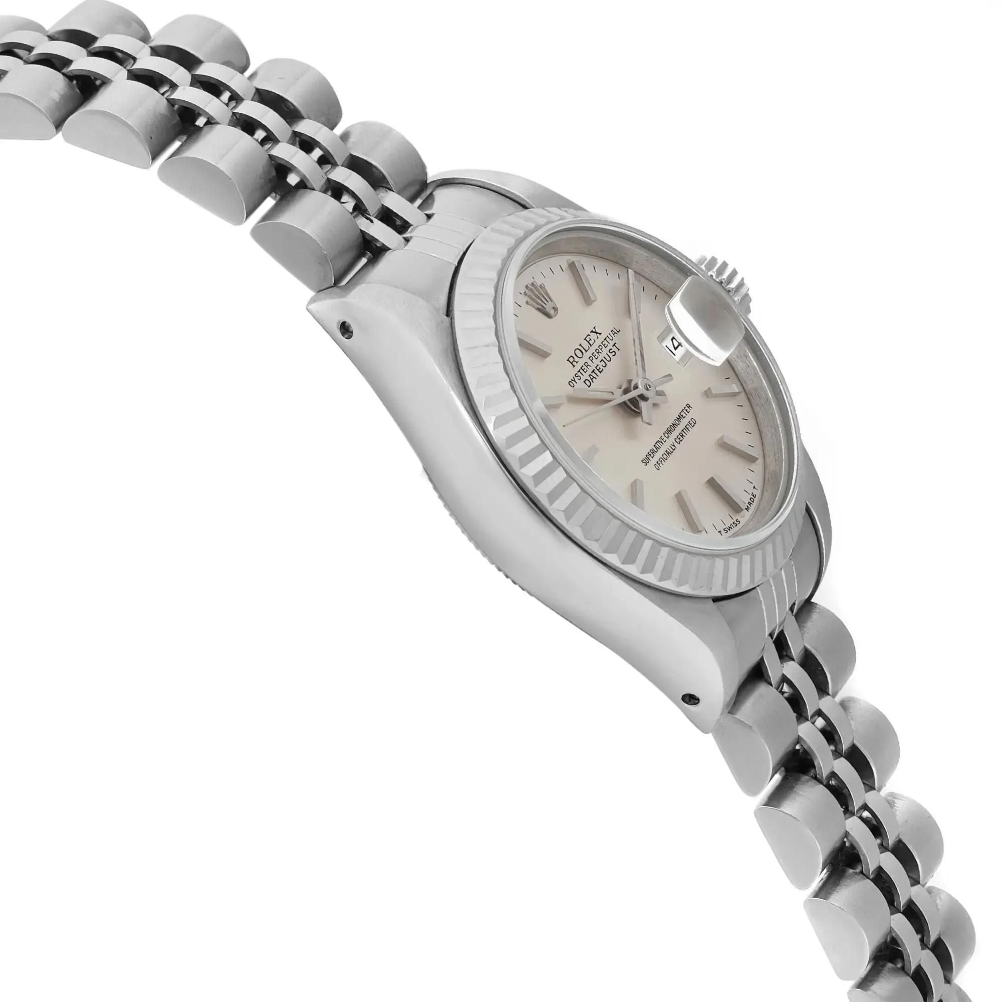 Rolex Lady Datejust 26mm 18K White Gold Steel Silver Stick Dial Watch 69174