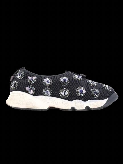 Good Condition Dior Black Fabric Embellished Sneakers Size 36