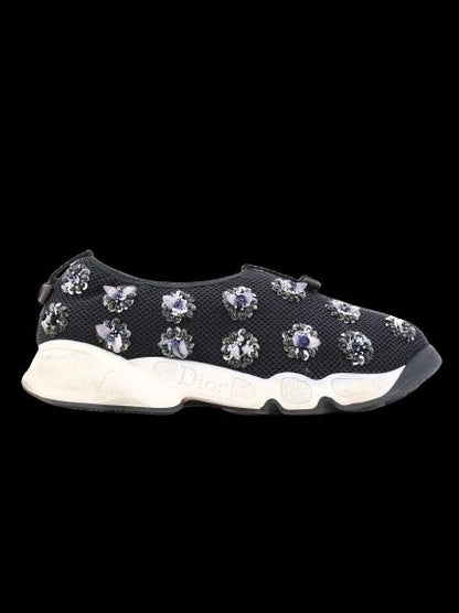 Good Condition Dior Black Fabric Embellished Sneakers Size 36