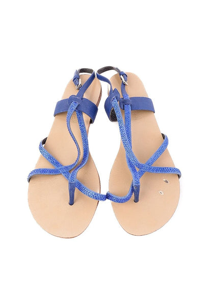 Excellent Laurel Blue Fabric Flat Sandals with Ankle Buckle, Size 38