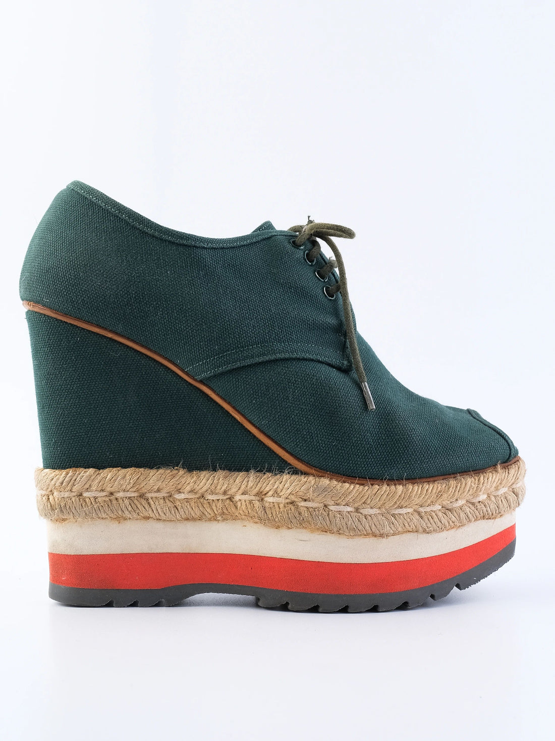 Excellent Prada Green Fabric Wedge Shoes Size 37.5 with Platform Sole