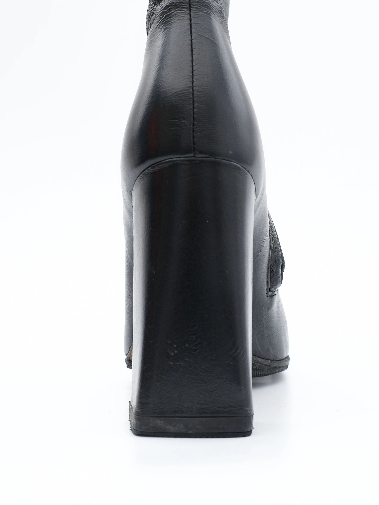 Excellent Black Leather Ankle Boots Square Heels Size 36