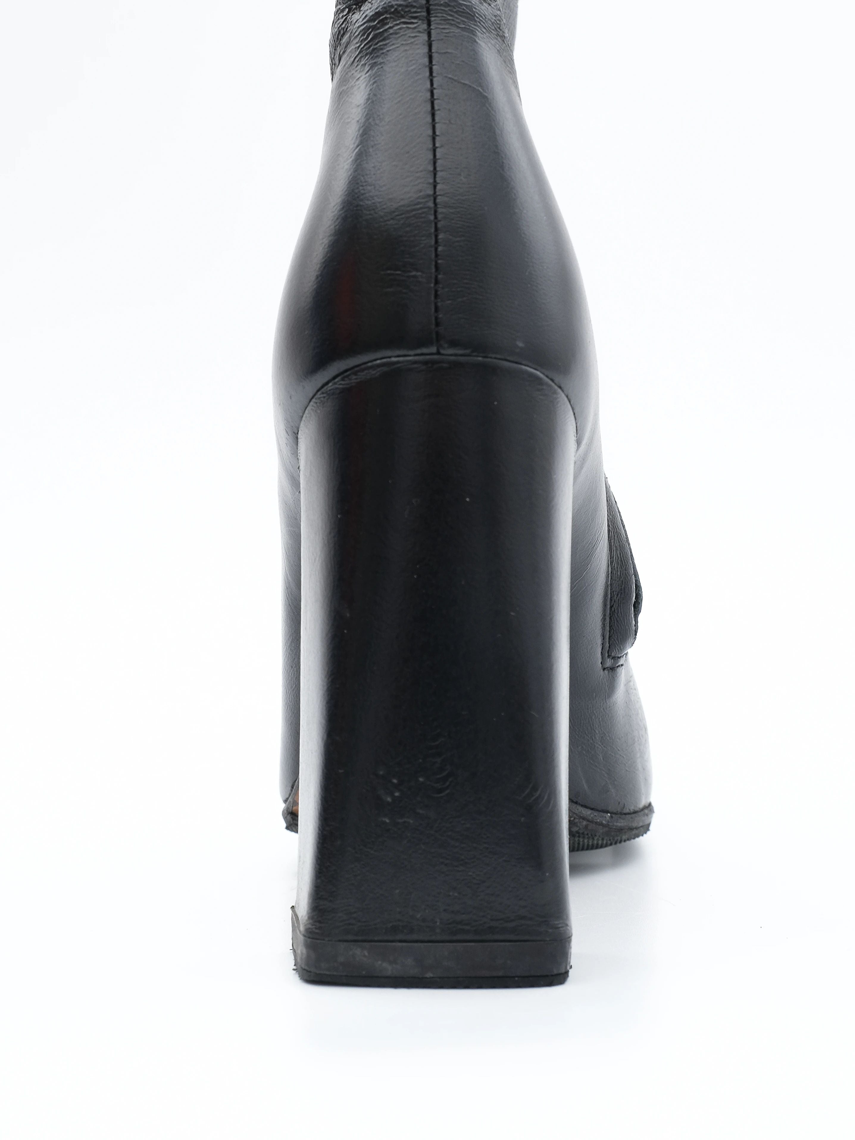 Excellent Black Leather Ankle Boots Square Heels Size 36