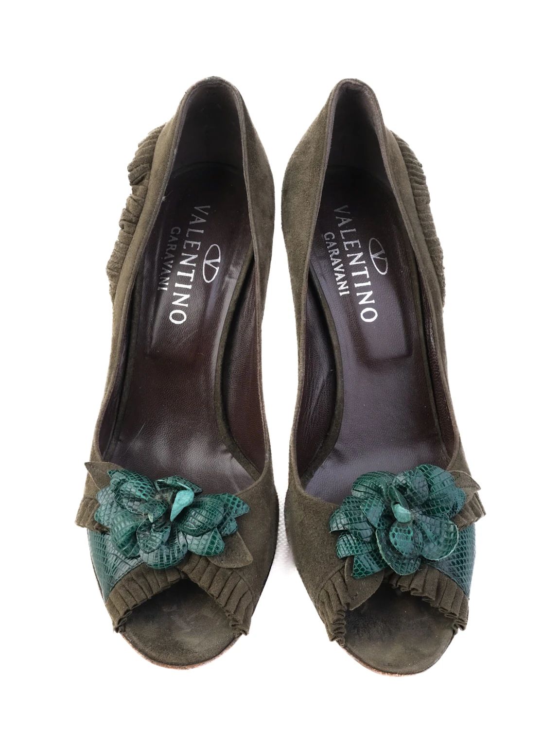 EXCELLENT Valentino Green Stiletto Heels Leather Open Toe Floral Embellishment