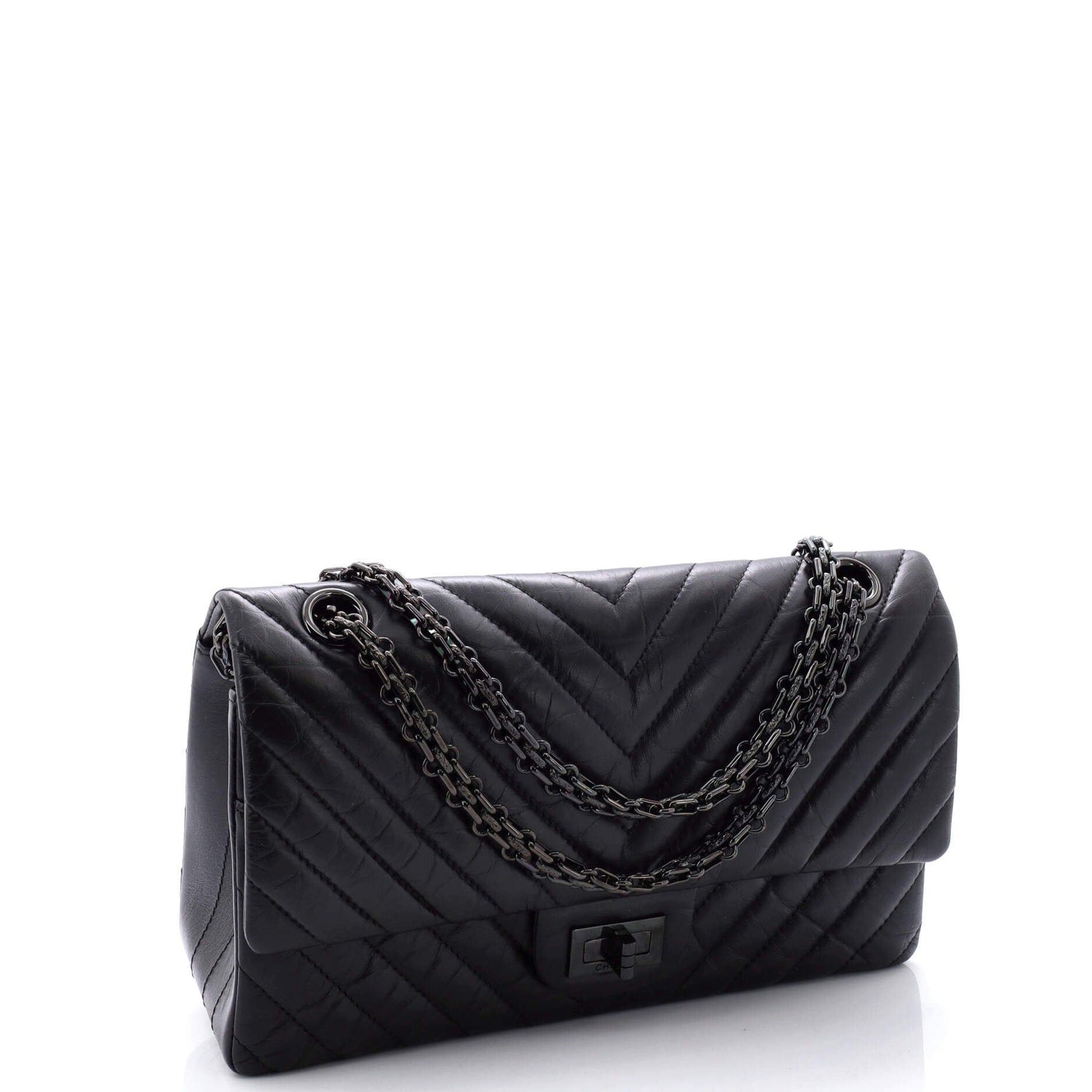 Chanel So Black Reissue 2.55 Flap Bag Chevron Aged Calfskin 225