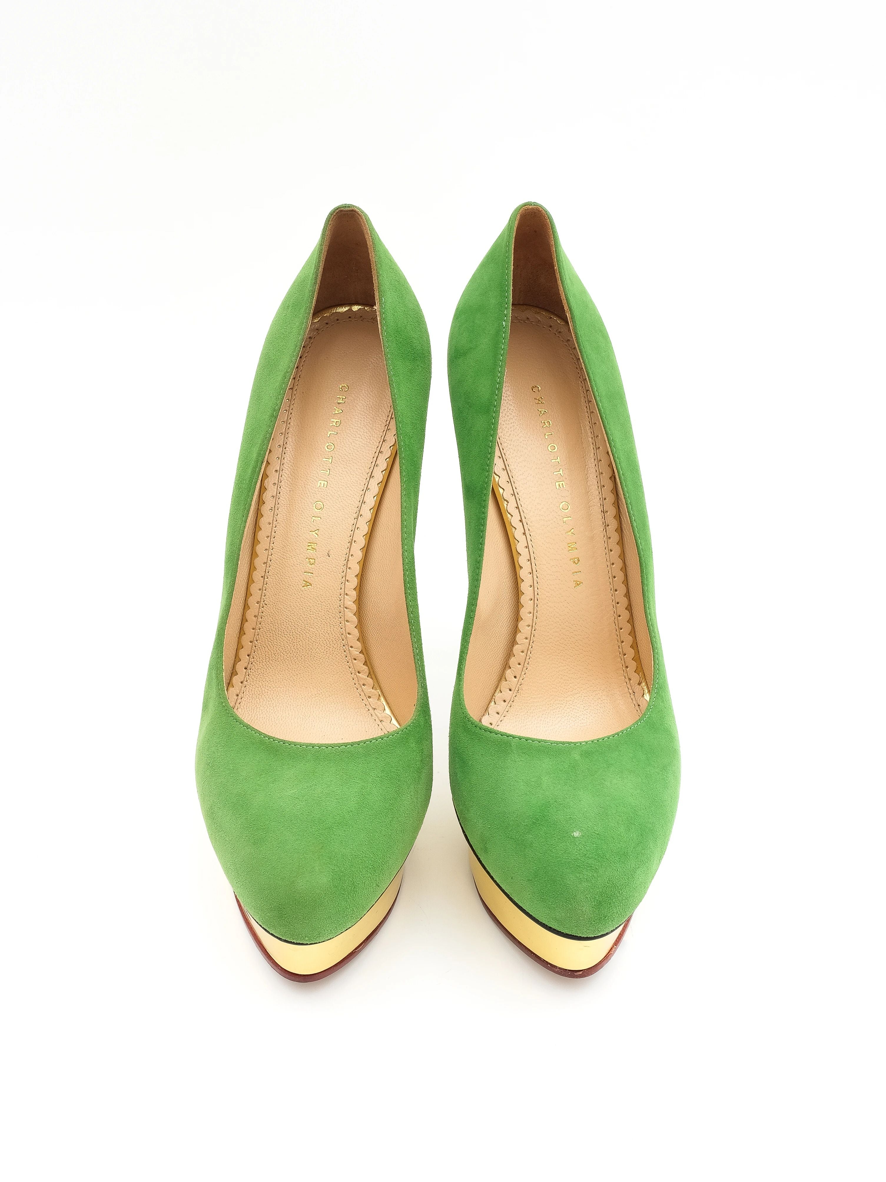 Excellent Charlotte Olympia Green Leather High-Heeled Platform Shoes Size 40