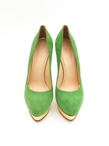 Excellent Charlotte Olympia Green Leather High-Heeled Platform Shoes Size 40