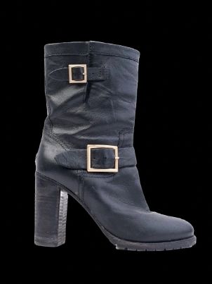 Excellent Jimmy Choo Black Leather Heeled Boots with Buckles Size 38