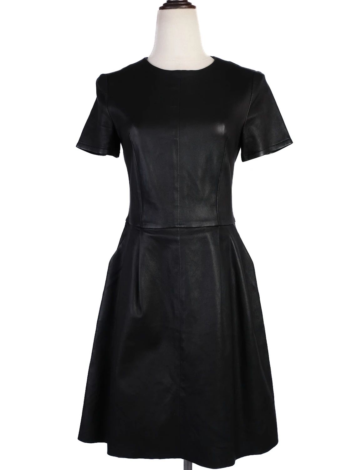 Excellent Punto Black Leather Short-Sleeve Dress Size M