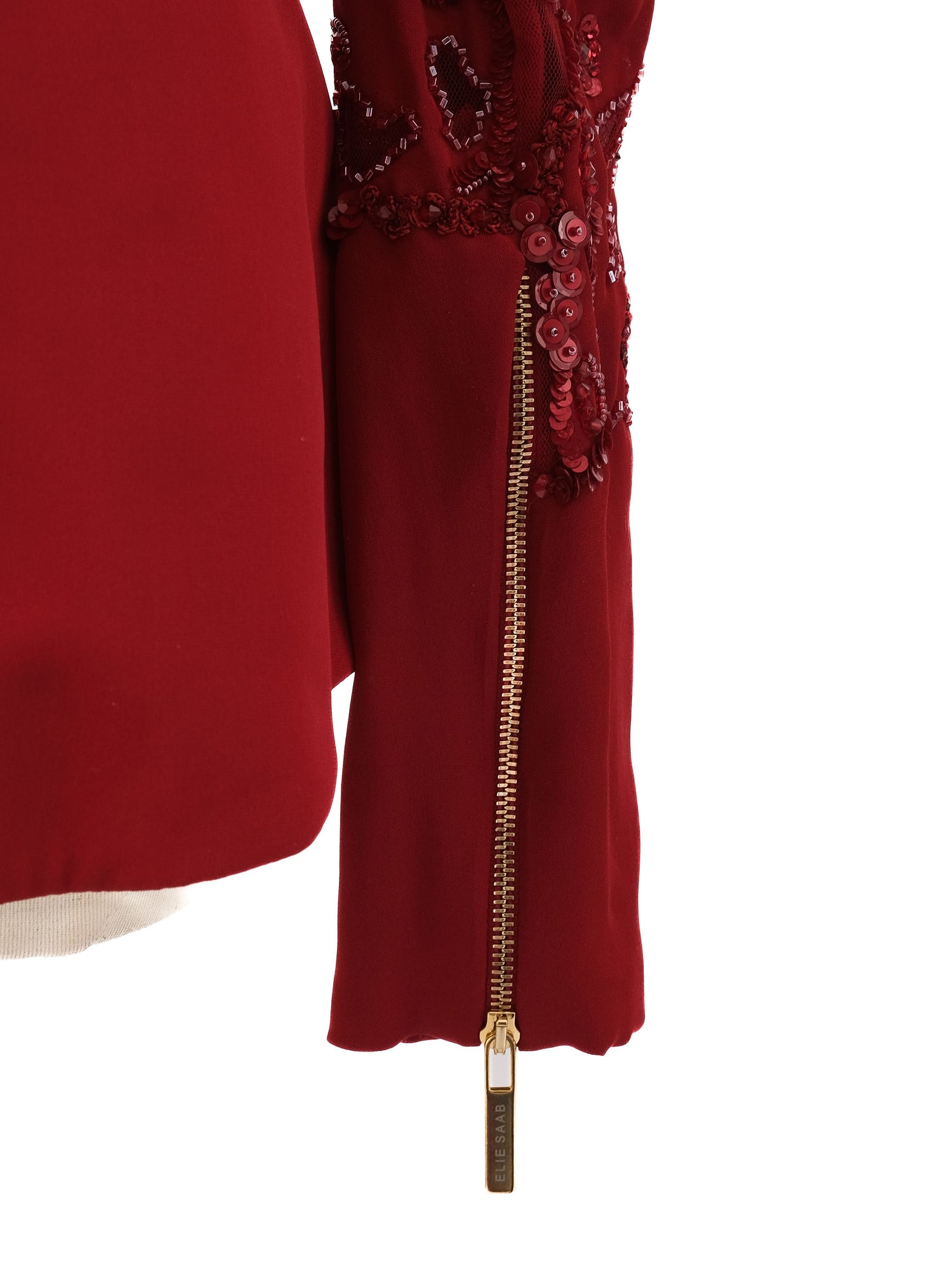 Excellent Elie Saab Red Silk Peplum Blouse Size S with Bead Embellishments