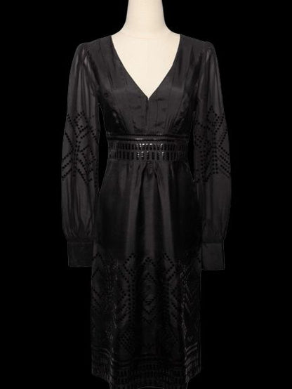 Good Monsoon Black Silk Dress Size S V-Neck with Embellished Sleeves