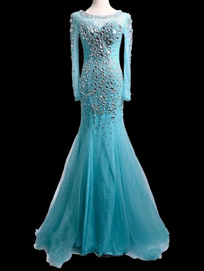 Excellent Sherri Hill Blue Silk Gown with Long Sleeves