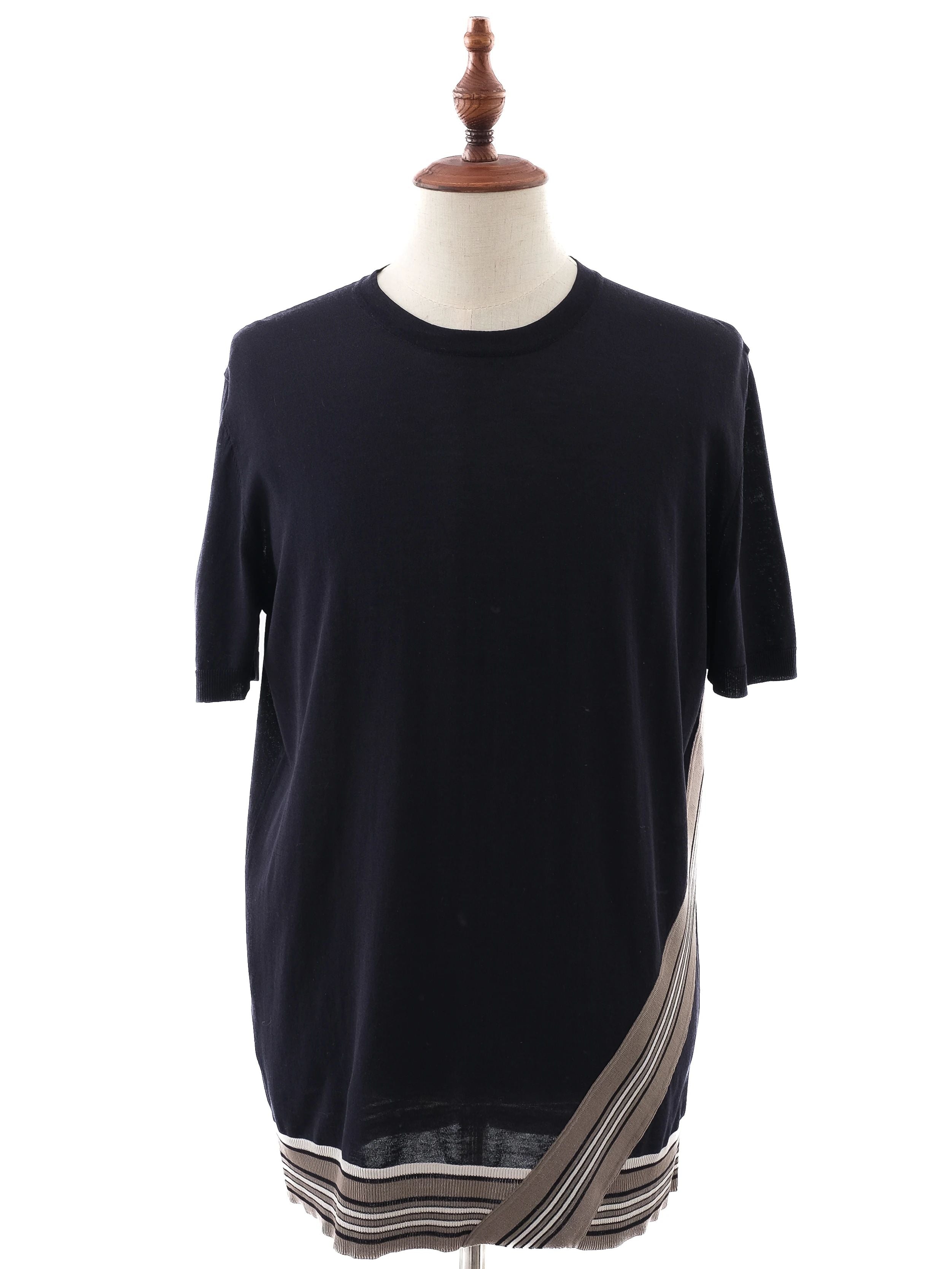 Excellent Hermes Blue Cotton T-Shirt Size L with Striped Trim