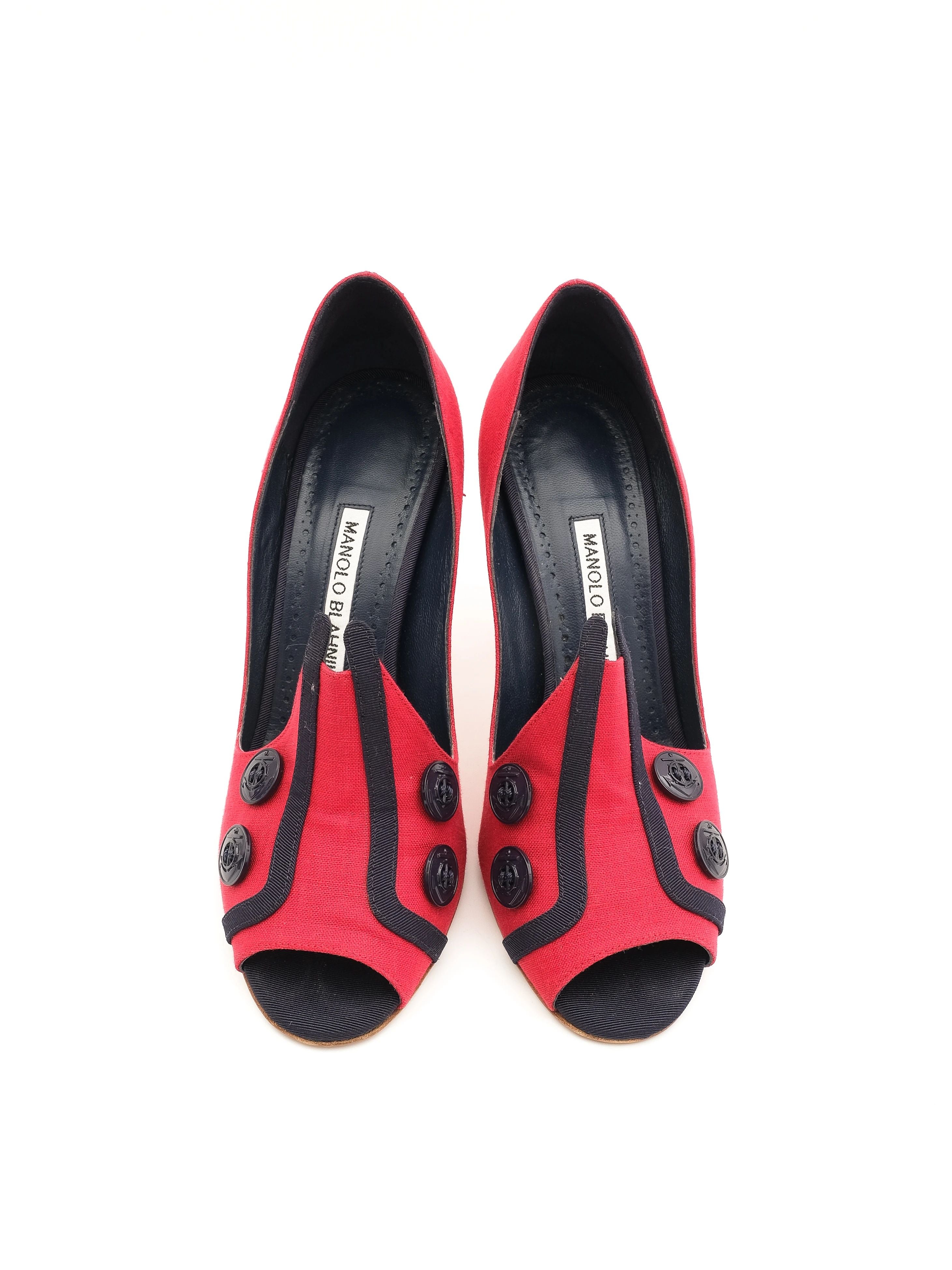 Perfect Manolo Blahnik Red Heeled Shoes Size 37 with Black Trim