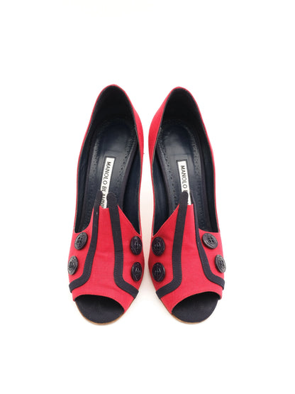 Perfect Manolo Blahnik Red Heeled Shoes Size 37 with Black Trim